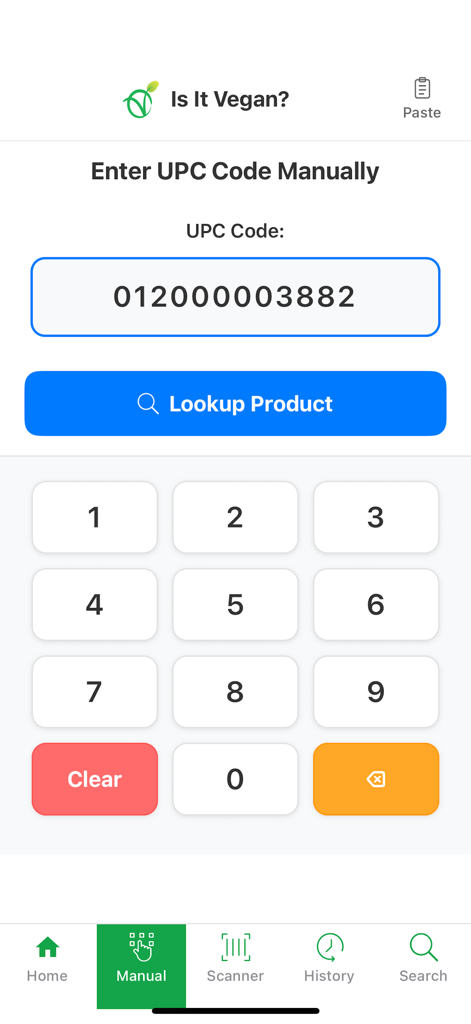 Is It Vegan? - Manual UPC code entry interface for product lookup on the Is It Vegan app