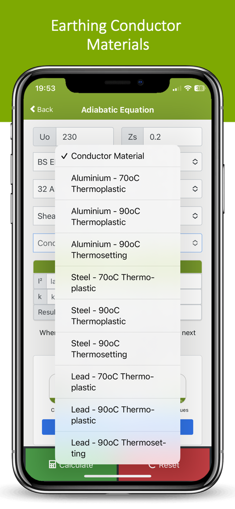 Interface of the Adiabatic Equation Calculator app showing a list of earthing conductor materials including aluminium, steel, and lead with different temperature ratings.