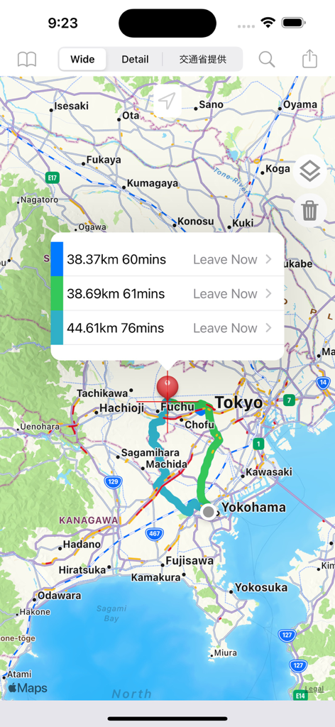 MyRoute+Japan Road Info - Map of Japan showing multiple route options and travel times in the Tokyo area