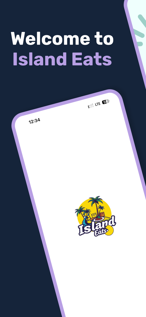 Island Eats - Island Eats app splash screen showing the welcome message and logo with palm trees