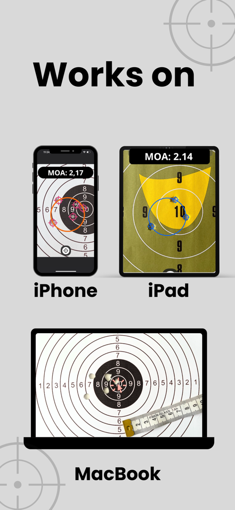 Interfaz de la aplicación MOA RangeR mostrada en pantallas de iPhone, iPad y MacBook