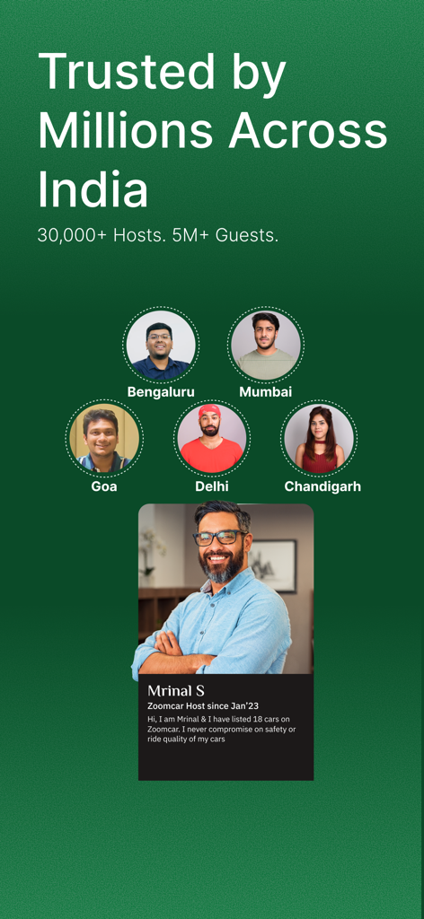 Pantalla de la aplicación Zoomcar mostrando prueba social con perfiles de anfitriones verificados y estadísticas de usuarios