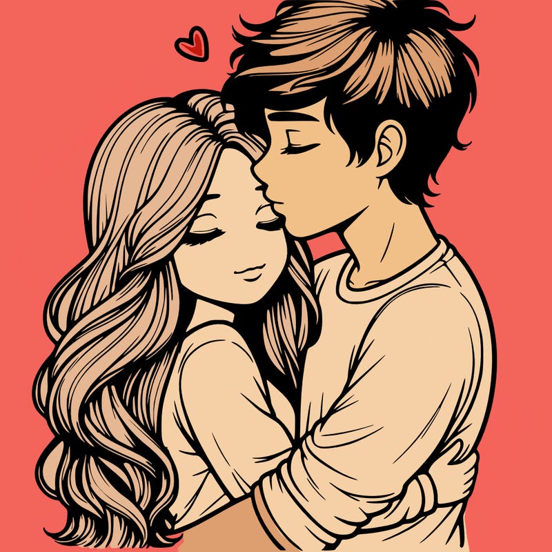 a realistic couple boy and girl hugging and kissing