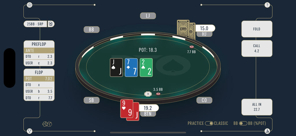 DTO MTT - GTO Poker Trainer - Ein GTO-Poker-Trainer-App-Interface, das eine simulierte Turnierhand mit strategischen Zugoptionen zeigt