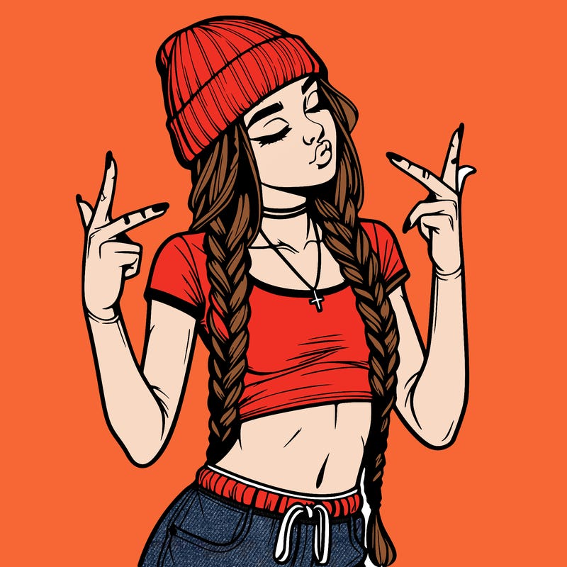 realistic teenage girl with braids and a beanie and crop top doing 🫶🏼