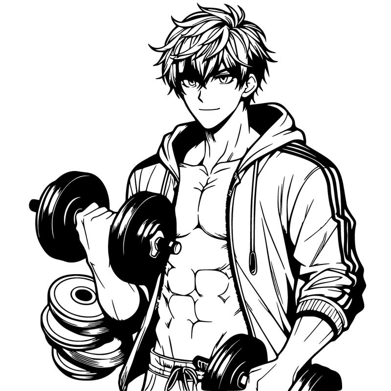 handsome muscular guy with hoodie anime holding dumbbells