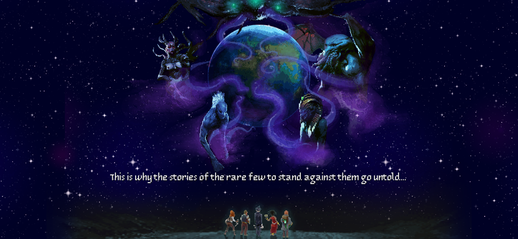 Five pixel art characters facing cosmic Great Old Ones surrounding Earth in Lovecrafts Untold Stories