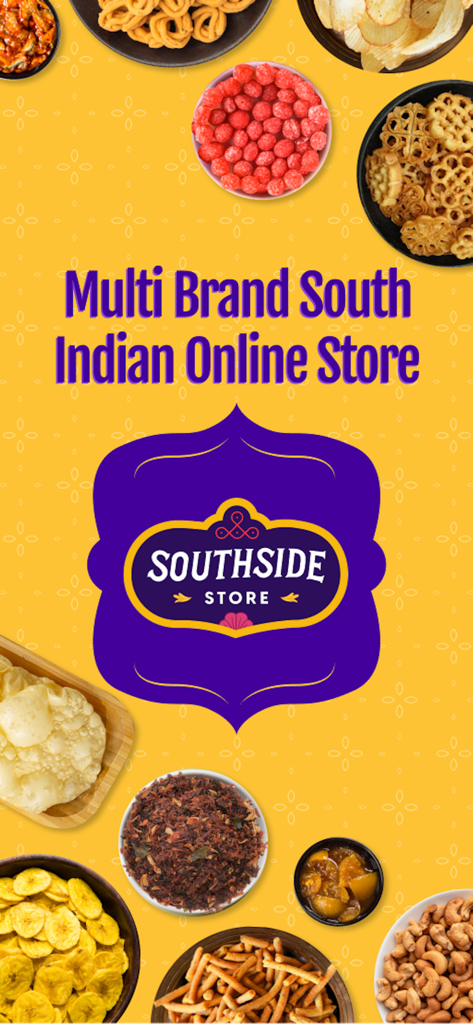 Southside Store mobile app interface featuring authentic South Indian snacks and food items