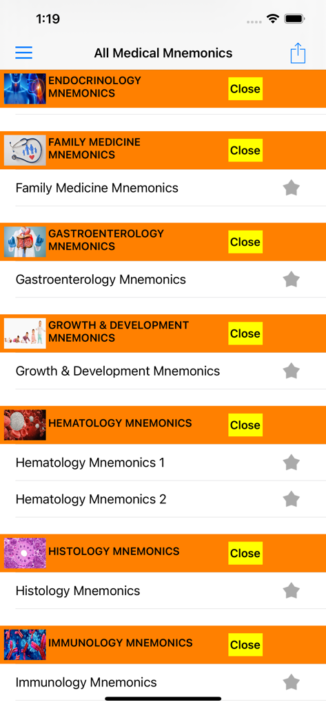 All Medical Mnemonics App - A list of medical study categories including Endocrinology and Hematology in the All Medical Mnemonics app.