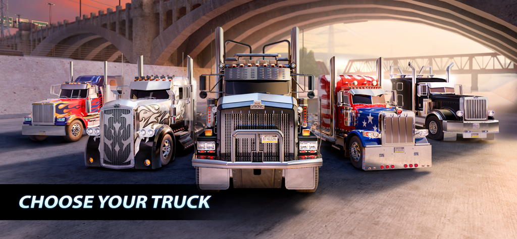 Big Rig Racing:Truck drag race - Five customized semi trucks in a lineup with the text Choose Your Truck
