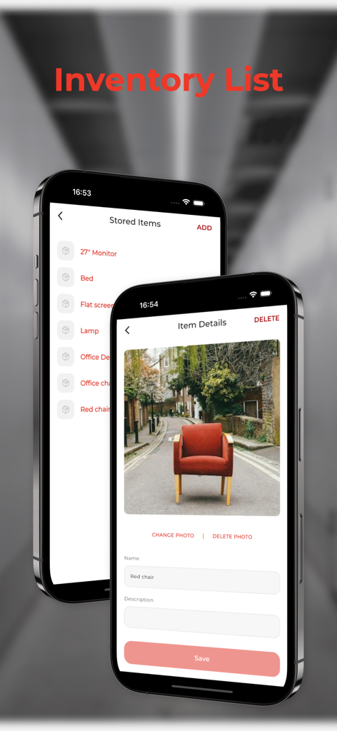 A mobile app interface displaying a digital inventory list of stored items and a detailed item view with a photo of a red chair.