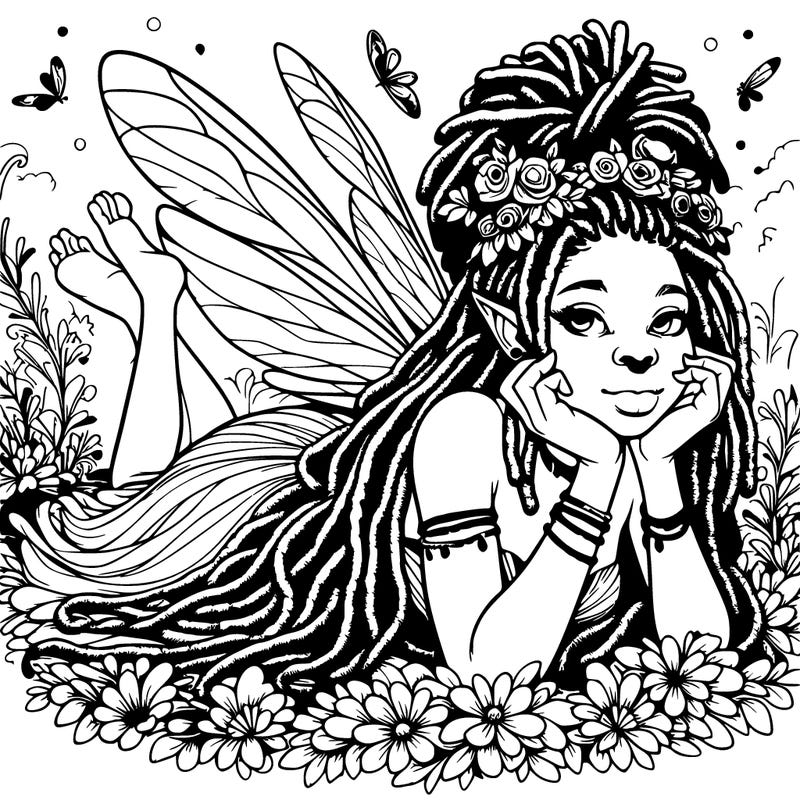 realistic african american female with dreadlocks in fantasy theme as a fairy laying in a whimsical flowerbed