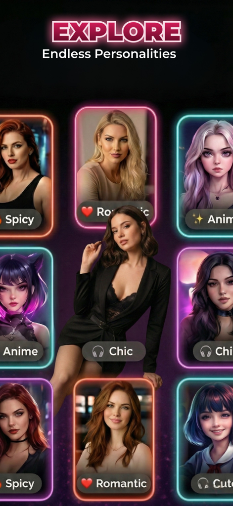 AI Dating: Blush - A screen from the Blush app showing different AI companion personalities like Spicy, Romantic, and Anime