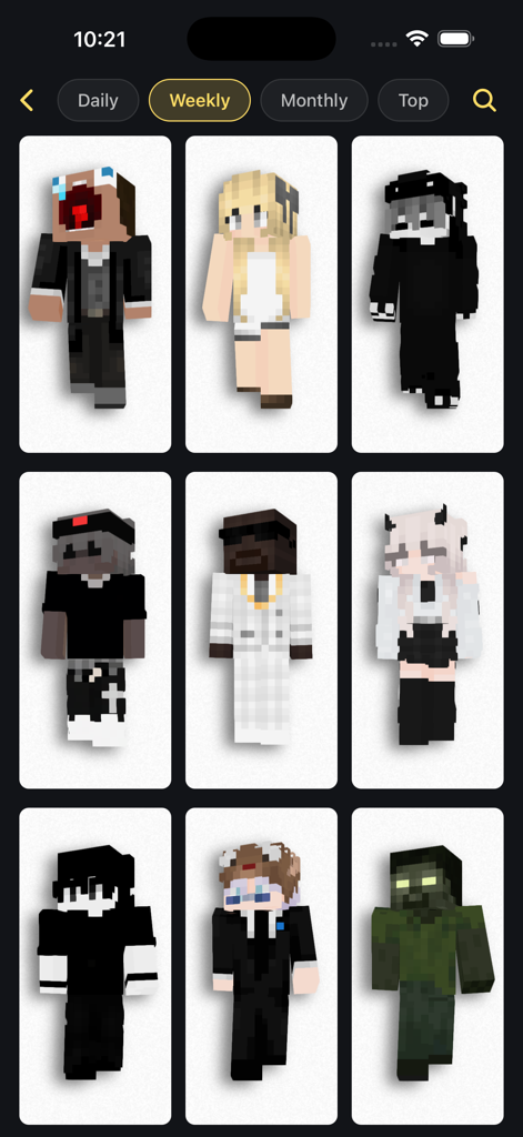Une grille de skins Minecraft populaires dans la section hebdomadaire de l'application Craftkit