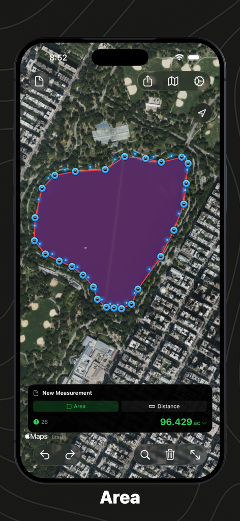 Geo Measure: Area & Distance - Une carte satellite affichant une superficie mesurée de 96 acres à l'aide de l'application Geo Measure