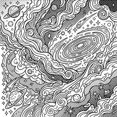 Dive into an exciting cosmic coloring journey with this Nebulae Pop Art design. Featuring dynamic swirls, distant planets, and shimmering stars, it's a stellar canvas for your creative touch.