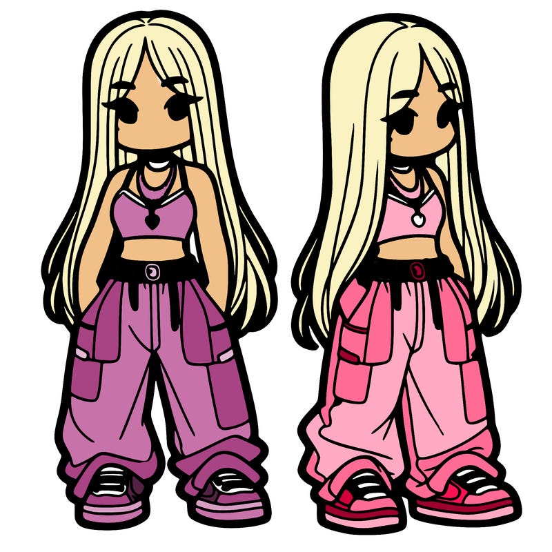 girl in baggy pants crop top and long hair