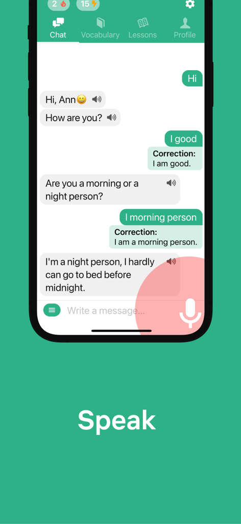 Andy English Language Learning - リアルタイムの文法修正と会話練習を表示するアンディ英会話アプリのチャット画面