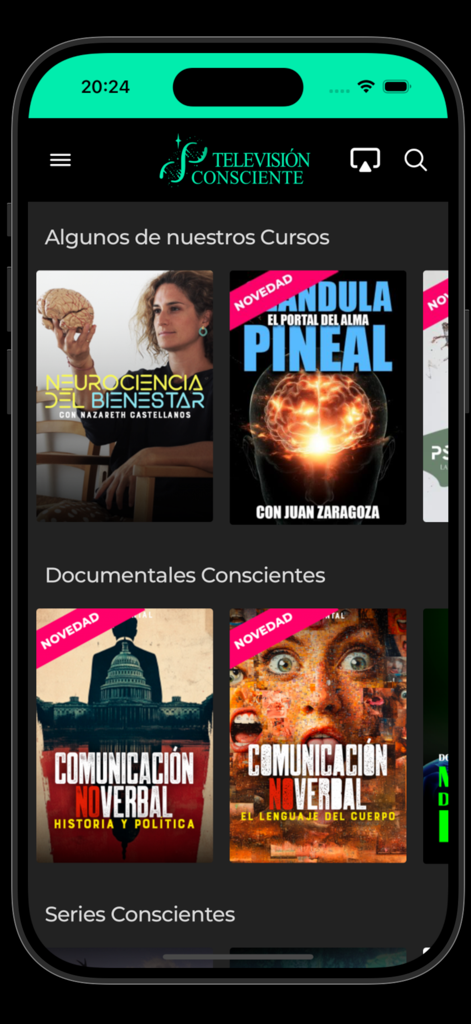 Televisión Consciente - Yoga - Interface of the Televisión Consciente app featuring wellness courses and conscious documentaries in Spanish.