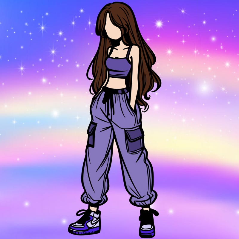 girl in baggy pants crop top and long hair
