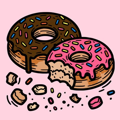 donut with sprinkles with a bite taken out of it and crumbs around it