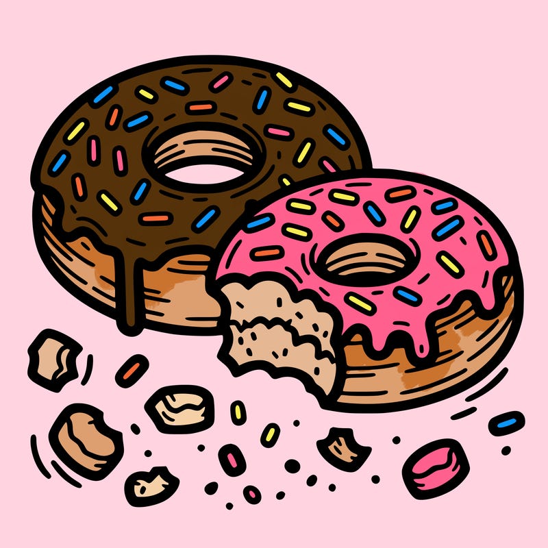 donut with sprinkles with a bite taken out of it and crumbs around it