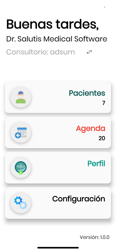 Panel de control de la aplicación Salutis Medical Software mostrando el saludo del doctor e iconos de navegación para pacientes, agenda, perfil y configuraciones
