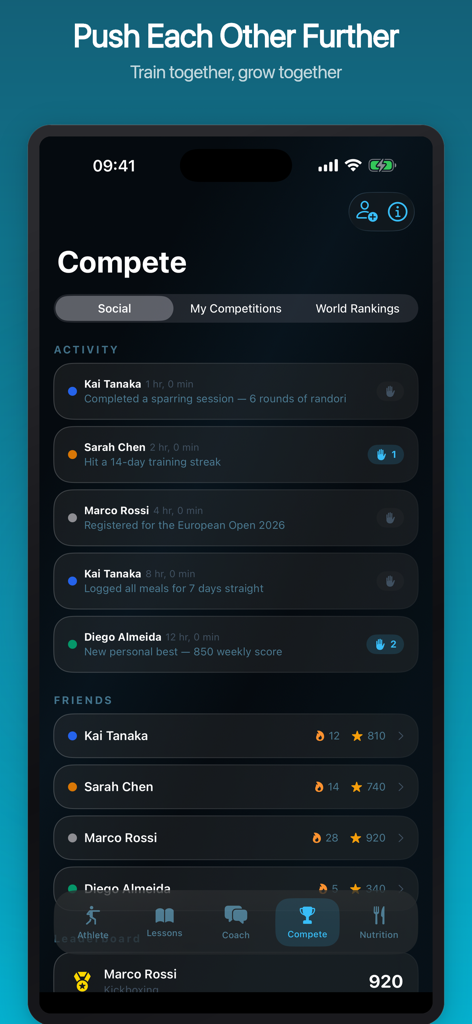 Kickboxing: AI Ring Coach - Screenshot of the Kickboxing AI Ring Coach app showing the social compete section with athlete activity feed and friend rankings