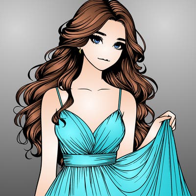 realistic girl in flowy silky prom dress