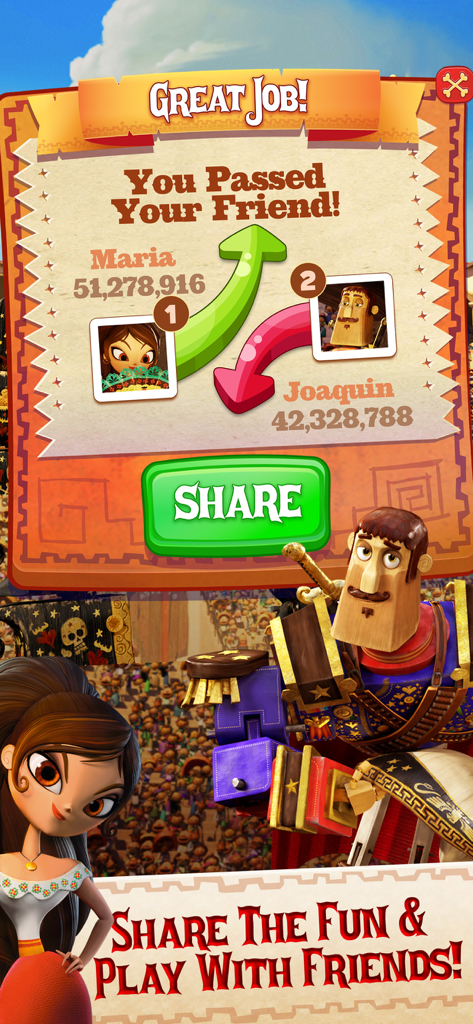 Leaderboard screen in Sugar Smash Book of Life showing a player passing a friend's high score with a share button