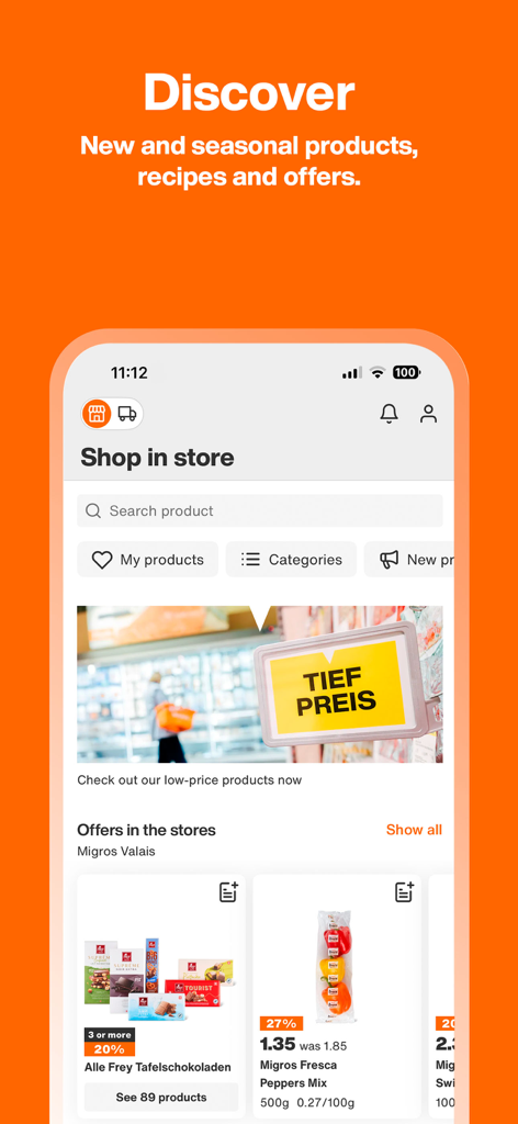 Migros app interface showing the shop in store section with product categories and seasonal offers