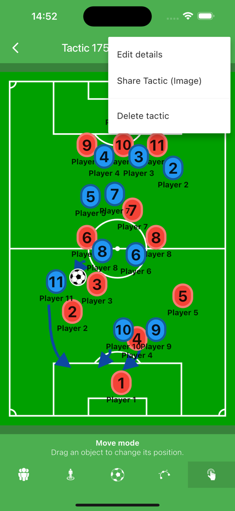Pro Sport Tactic - Soccer coaching app interface showing a tactical play and sharing menu