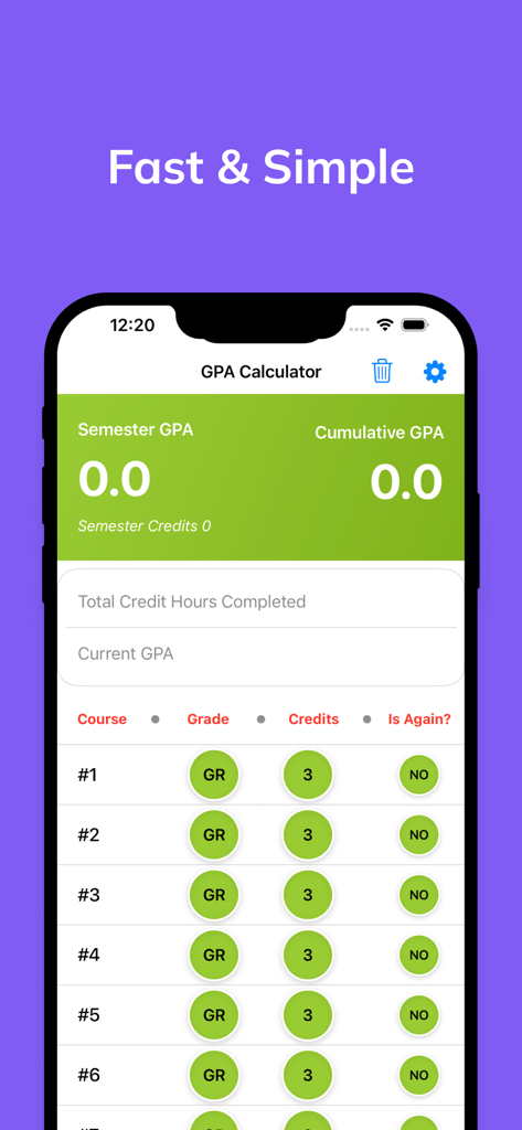 GPA Calculator - Interface de l'application Calculateur de GPA montrant les champs pour le suivi des notes semestrielles et cumulatives