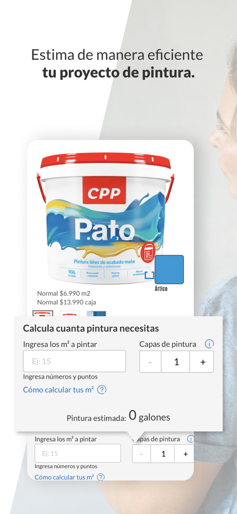 Sodimac: Casa y Construcción - Interface do aplicativo Sodimac mostrando uma calculadora para estimar a quantidade de tinta para projetos de reforma.