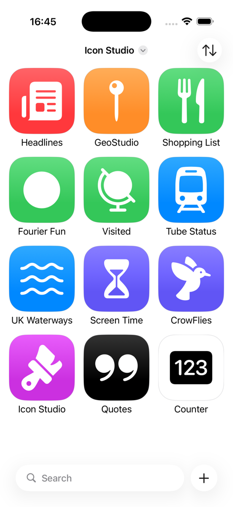 App Icon Maker - Uma coleção de ícones de aplicativos personalizados e coloridos exibidos em um layout de grade dentro da interface do estúdio de ícones.