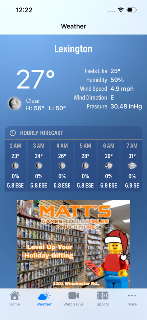 ABC36 - Pantalla del tiempo de la aplicación ABC36 que muestra la temperatura actual y el pronóstico por hora para Lexington