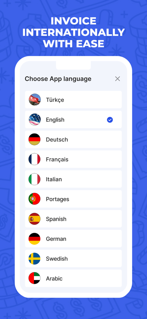 英語、フランス語、スペイン語など、国際請求書作成でサポートされている言語のリストを表示するモバイルアプリインターフェイス。