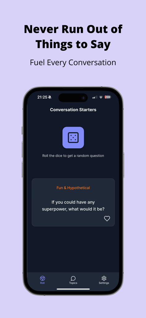 Conversation Starter App - Smartphone screen showing a random icebreaker question in the Conversation Starter App