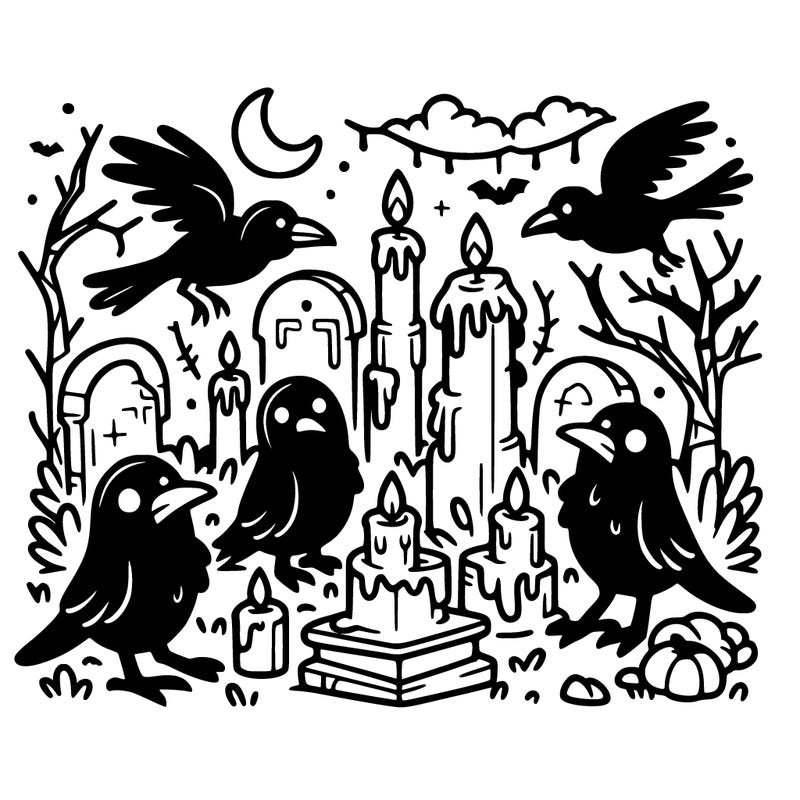 crows and candles in a graveyard