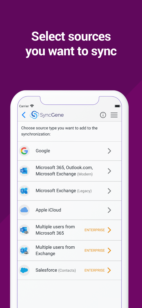 SyncGene app screen showing options to sync Google Microsoft Outlook and Apple iCloud