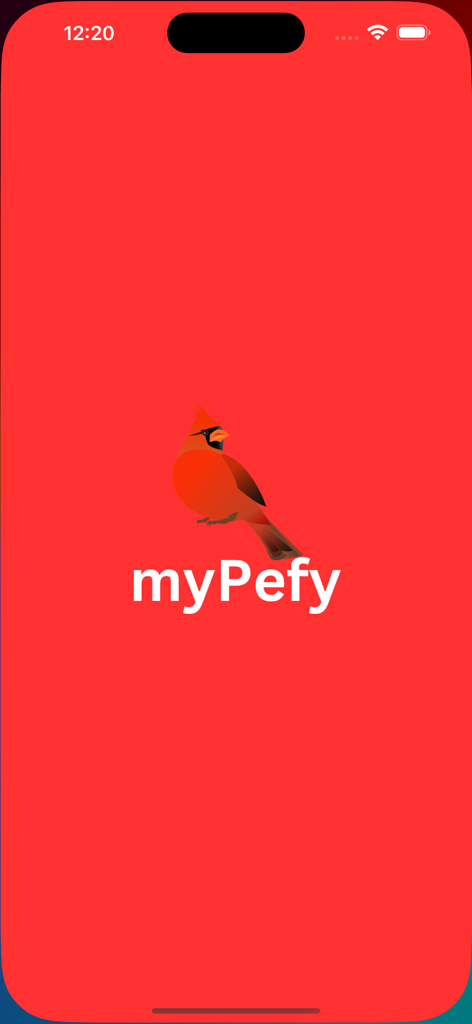 myPefy: Web to PDF Convert - Écran de démarrage de l'application myPefy avec un logo d'oiseau cardinal sur fond rouge