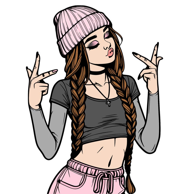 realistic teenage girl with braids and a beanie and crop top doing 🫶🏼