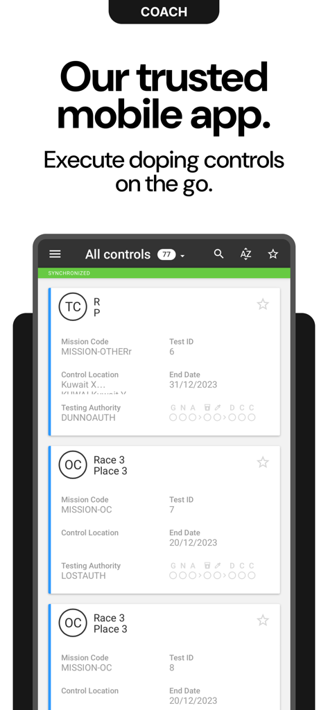 MODOC App Coach screen showing a list of active doping control missions