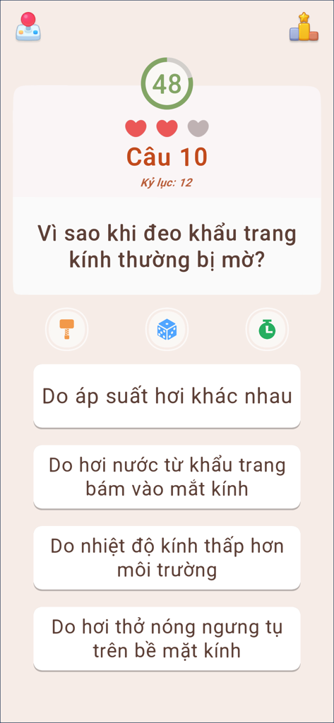 Đố Vui Hại Não - Siêu Trí Tuệ - Gameplay screen of a Vietnamese trivia app showing a multiple-choice brain teaser question about foggy glasses.