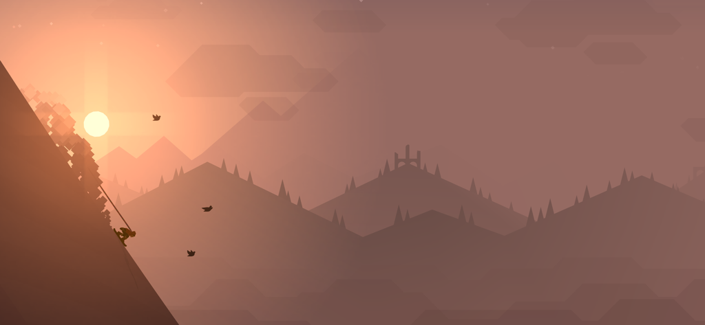 Alto's Adventure - Minimalist mountain landscape with a silhouette of a snowboarder at sunset