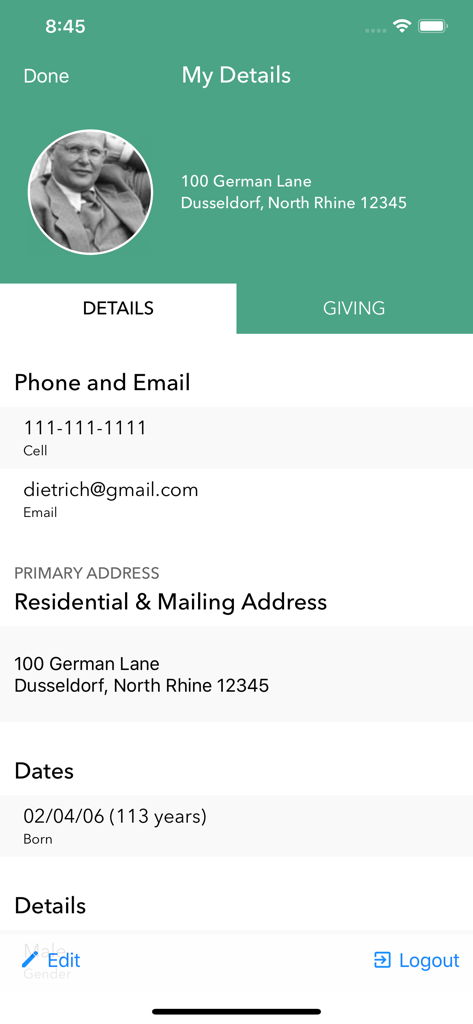 Pantalla de información de perfil y detalles de contacto en la aplicación Elexio Community.