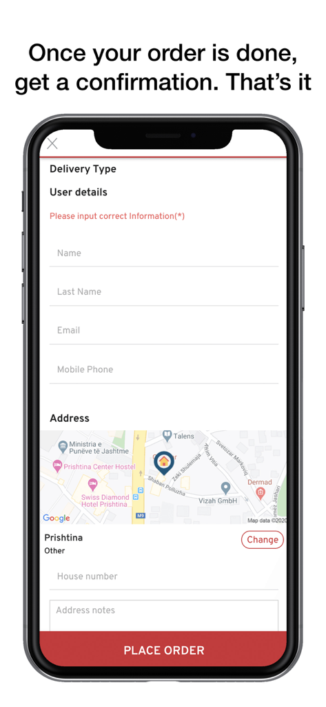 KFC Kosova - KFC Kosovaモバイルアプリのチェックアウト画面。ユーザー詳細フォームとプリシュティナの配達マップが表示されています。