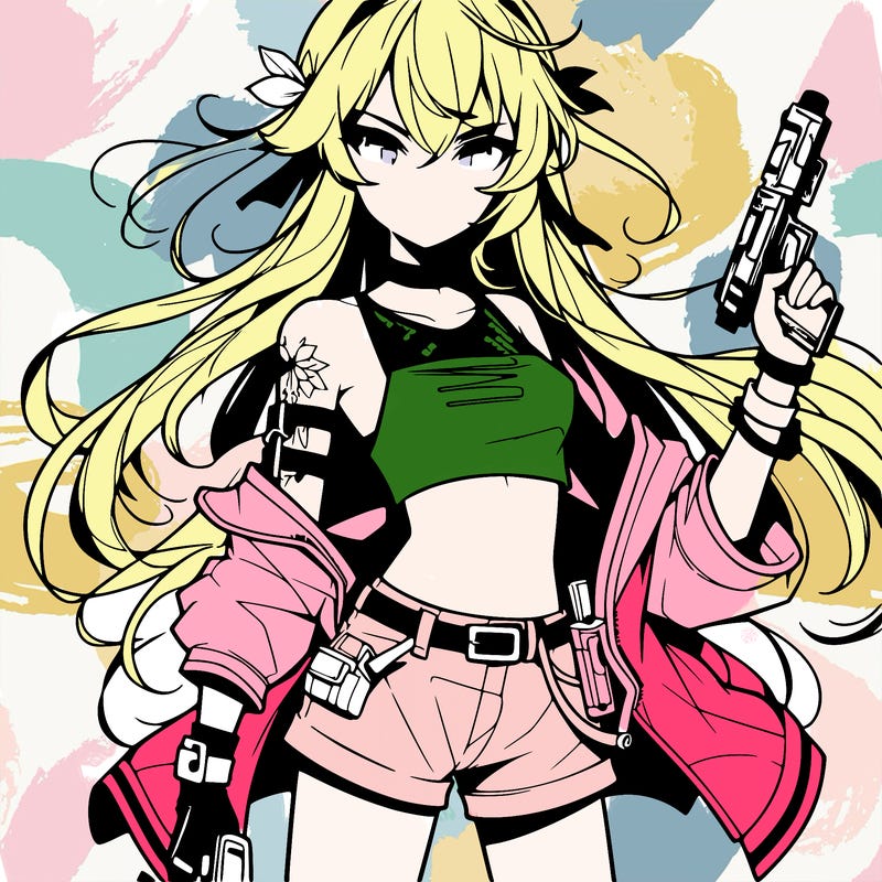 bad girl wearing crop top holding a gun long hair anime