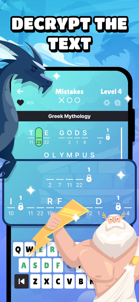 Interfaz del juego de puzles de palabras Cryptogram que muestra un tema de mitología griega y el personaje de Zeus
