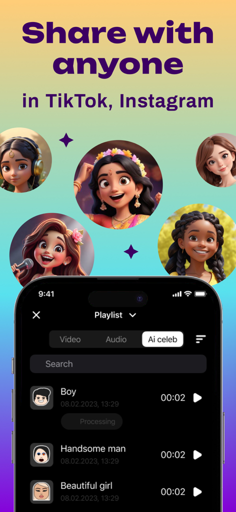 Auto Voice Tune - AI Changer - Interfaz de la aplicación Auto Voice Tune mostrando opciones para compartir en redes sociales y una lista de reproducción de efectos de voz de IA.